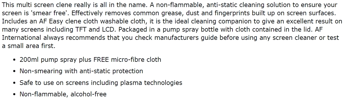 תרסיס ניקוי למסכים AF INTERNATIONAL MULTI SCREEN CLENE MCS200 TEXT